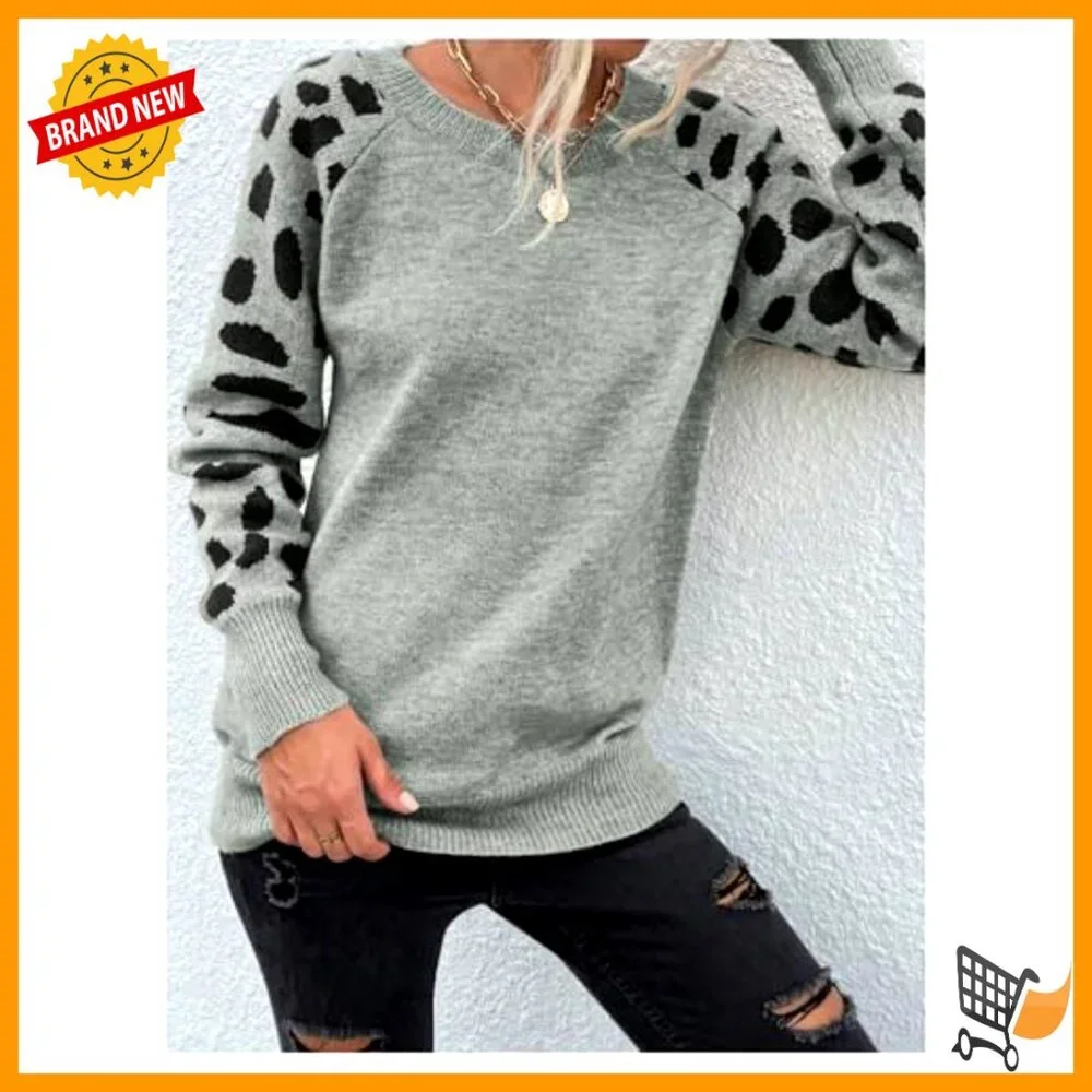 Leopard Print Crewneck Sweater Long Sleeve Knit Pullover Fall Casual Top - Picture 5 of 5